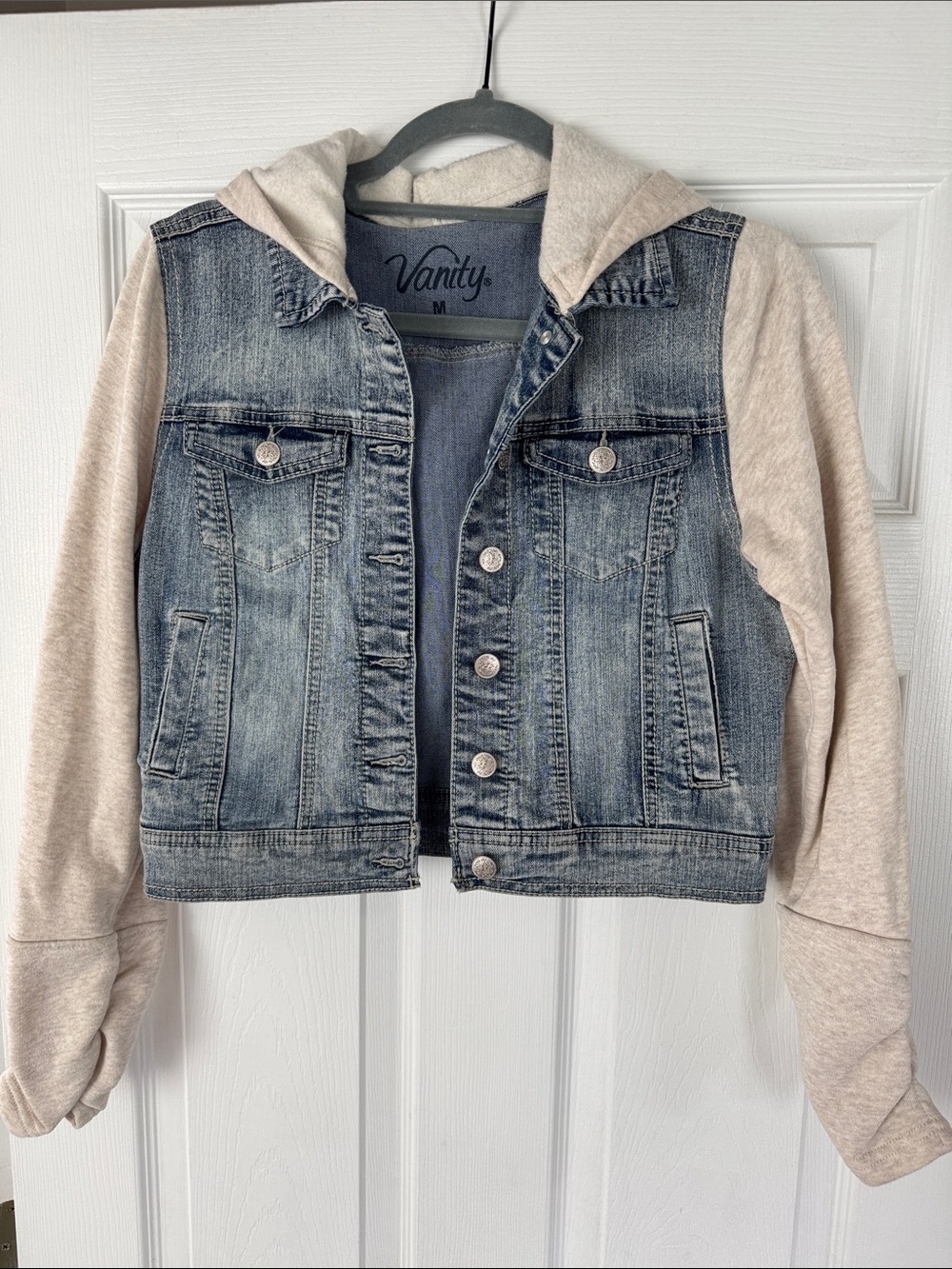Vanity Blue Washed Denim Jacket with Cream Hooded Sleeves
